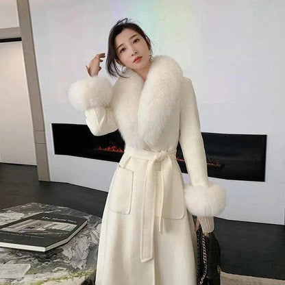 Cheky - Korean Version Large Fur Collar Slim Fit Medium Long Woolen