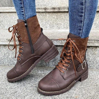 Cheky - Lace-up Boots Winter Buckle Cowboy Boots Women Low Heel