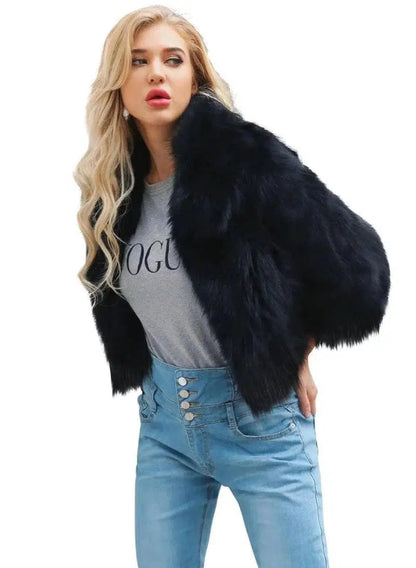 Cheky - Lapel fox fur grass short coat faux fur long hair coat