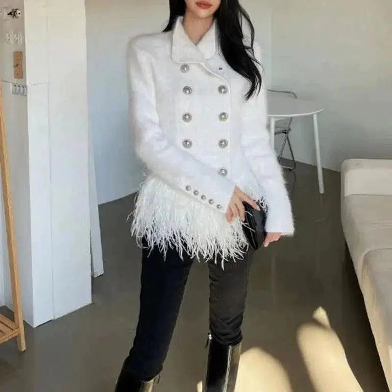 Cheky - Lapel Long Sleeve Slim Double Breasted Tassel Coat Women