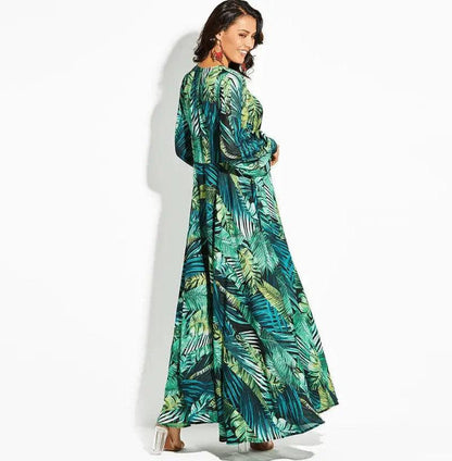 Cheky - New Lantern Sleeve V-neck Green Leaf Print Sk