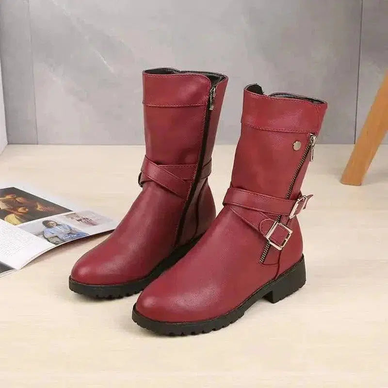 Cheky - Low Heel Belt Buckle Fashion Martin Boots Women