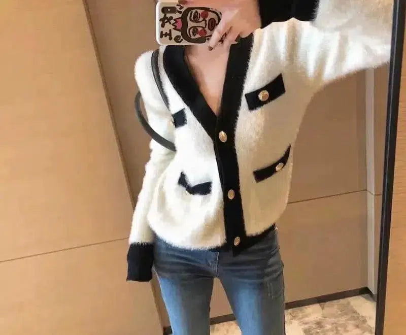 Cheky - Metal Buckle Imitation Mink Wool Knitted Cardigan Women