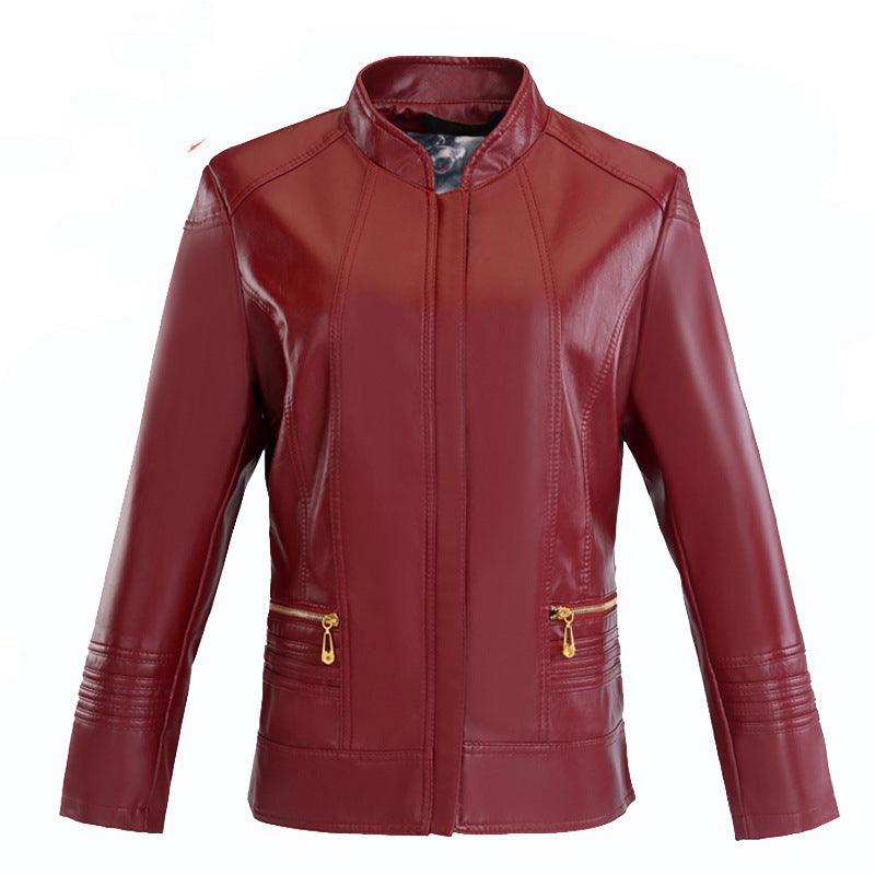 Cheky - Middle-aged And Elderly Women's Leather Jacket Short Stand Collar Zipper Slim Fit