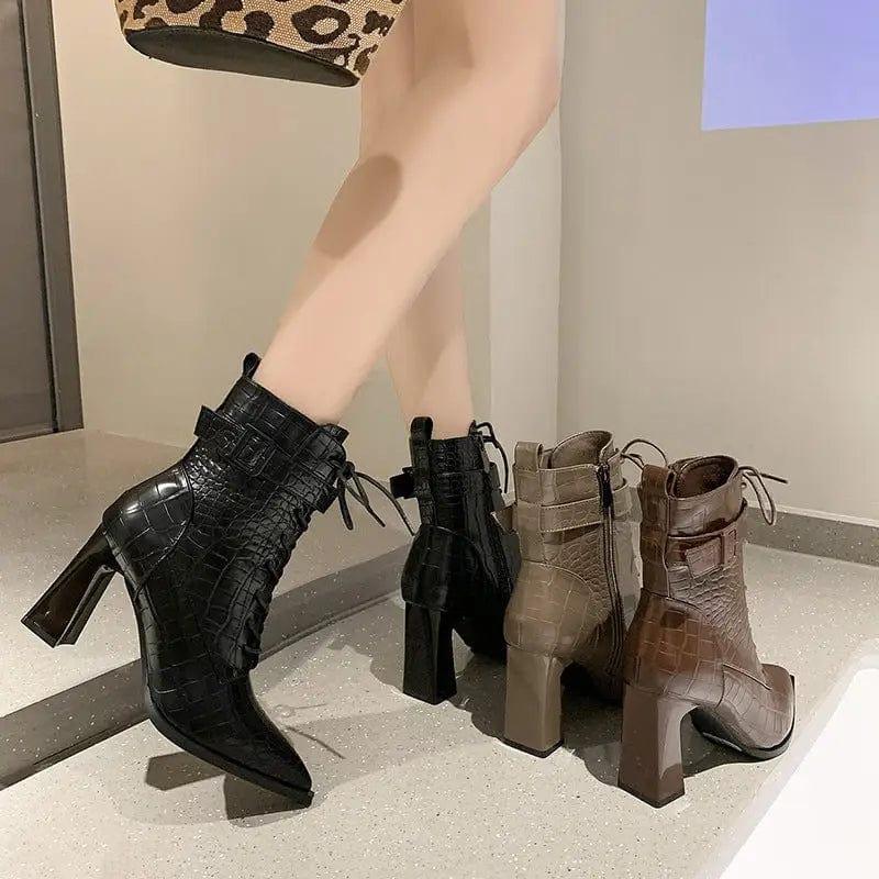 Cheky - Pointed-toe Boots Winter Alligator Pattern Lace-up Shoes Women