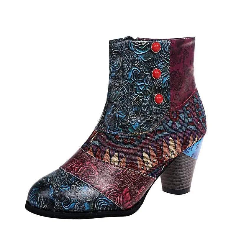 Cheky - Print Ankle Boots Chunky Mid Heel Boots Women Side Zipper Shoes