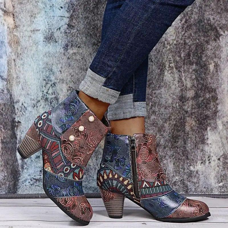 Cheky - Print Ankle Boots Chunky Mid Heel Boots Women Side Zipper Shoes