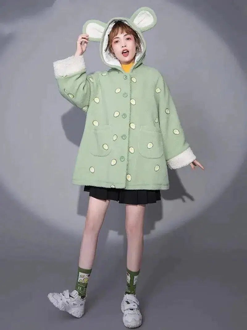 Cheky - Printed cartoon hooded lamb wool coat