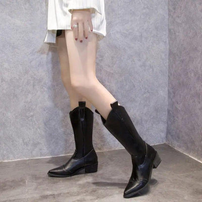 Cheky - Retro Pointed Toe Thick Heel High Boots Women