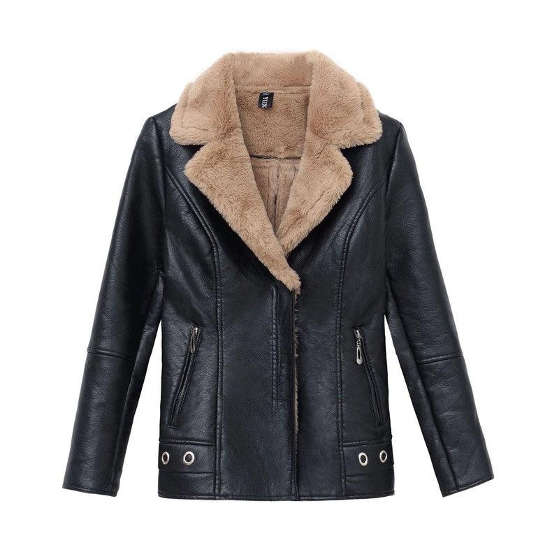 Cheky - Short Fur Plus Velvet Warm Leather Jacket