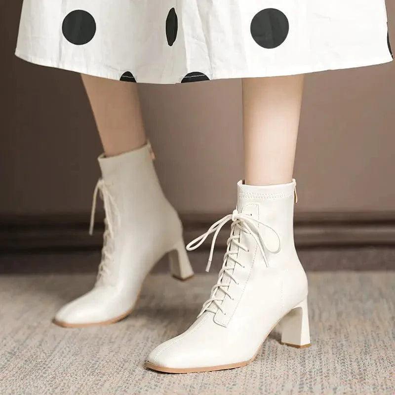 Cheky - Square Toe High Heel Boots PU Leather Women Ankle Boots