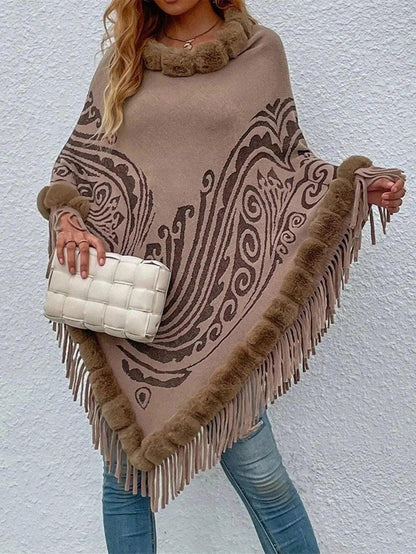 Cheky - Winter Fur Collar And Fringed Shawl