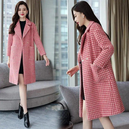 Cheky - Winter mid-length plaid wool coat with POLO collar