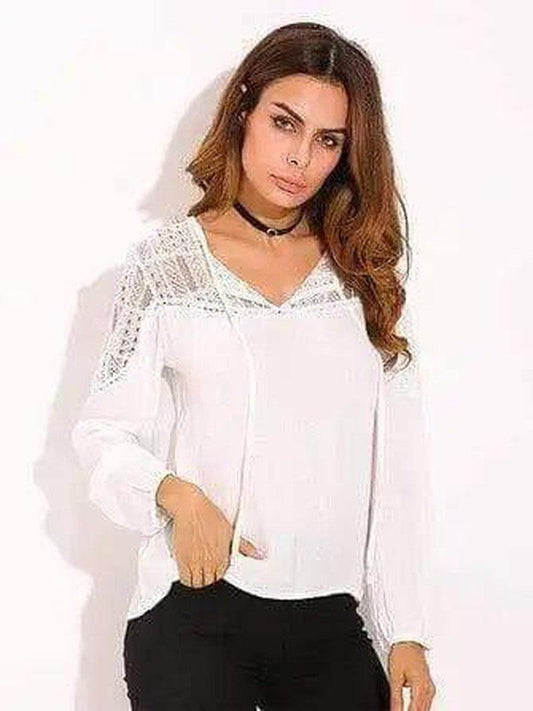 Cheky - Women Blouse Long Sleeve Lace Trim Tie V-neck Shirt