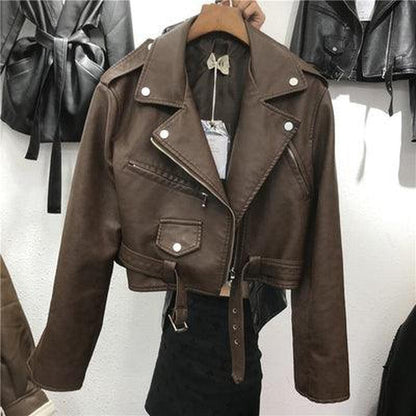 Cheky - Women's Short Lace-up Motorcycle Pu Leather Jacket